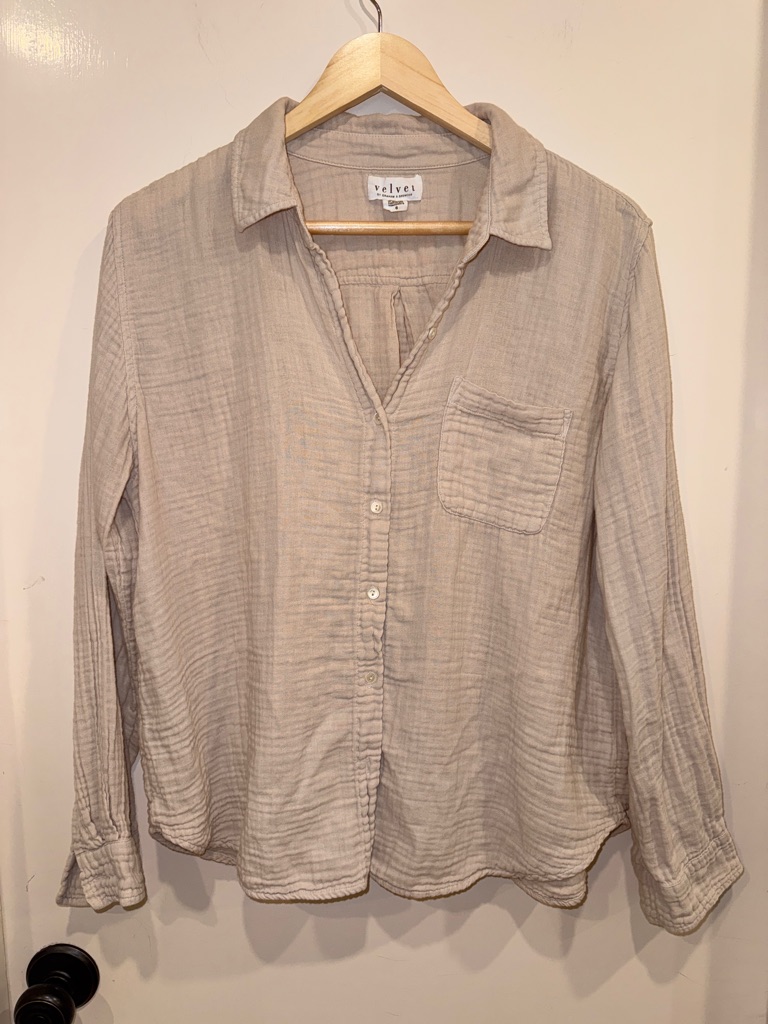 Velvet By Graham & Spencer Light Beige Waffle Cotton Button Down Shirt Sz S